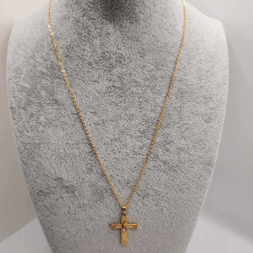 Vintage Dainty Pink Rhinestone Cross Necklace Gold Tone Made in USA 17 Inch - Picture 3 of 6